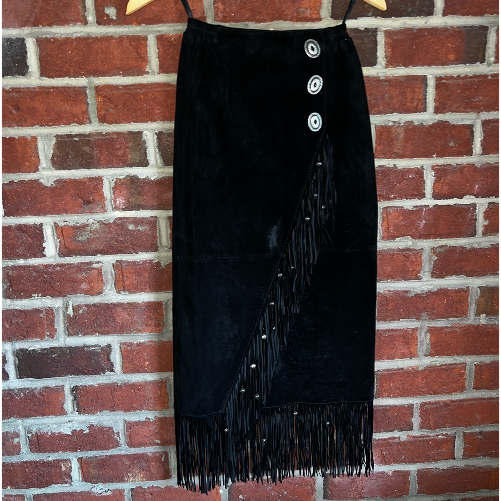 Scully black suede beaded fringed skirt with conchos.